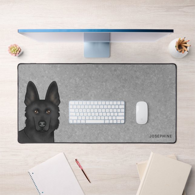 Black German Shepherd Head And Custom Name On Gray Desk Mat (Office 1)