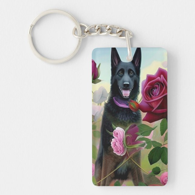 Black German Shepherd in Rose Garden ART  Keychain (Front)