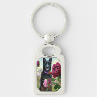 Black German Shepherd in Rose Garden ART Keychain