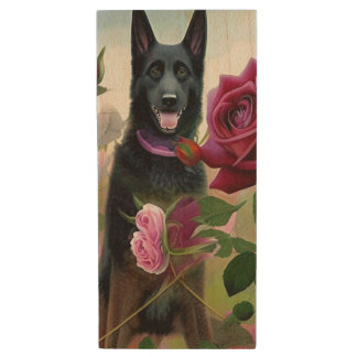 Black German Shepherd in Rose Garden ART Wood Flash Drive