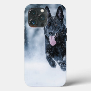 Black German Shepherd in snow Duvet Cover