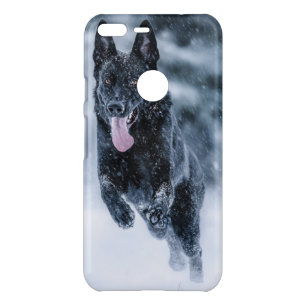 Black German Shepherd in snow Duvet Cover