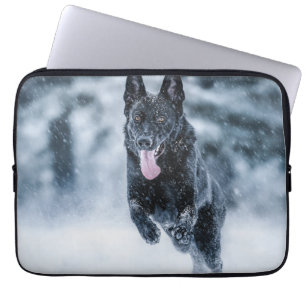 Black German Shepherd in snow Duvet Cover
