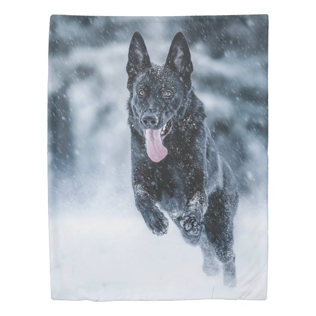 Black German Shepherd in snow Duvet Cover (Front)