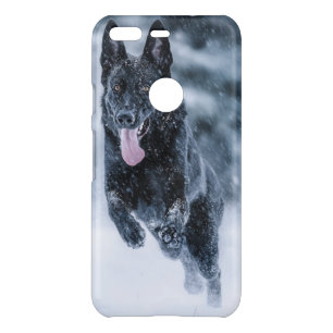 Black German Shepherd in snow Duvet Cover