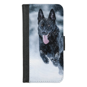 Black German Shepherd in snow Duvet Cover