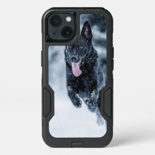 Black German Shepherd in snow Duvet Cover