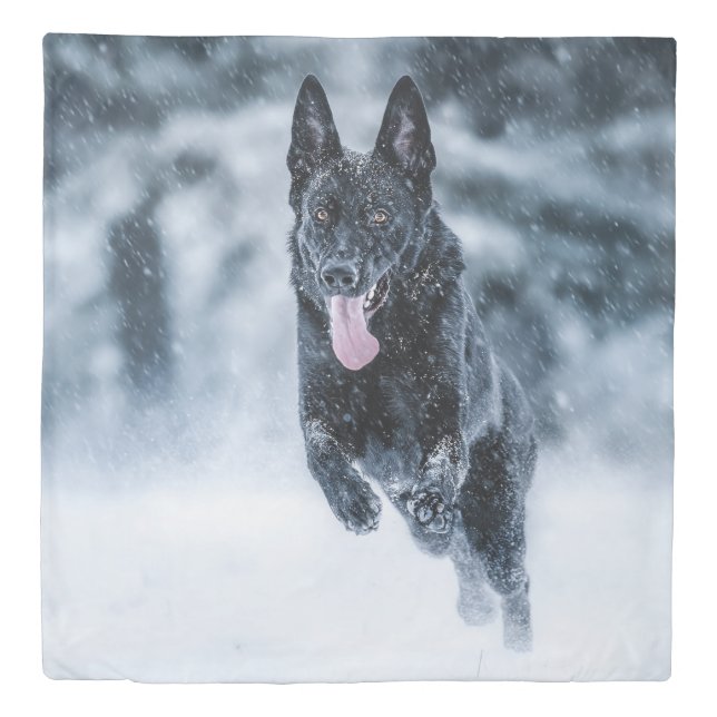 Black German Shepherd in snow Duvet Cover (Front)