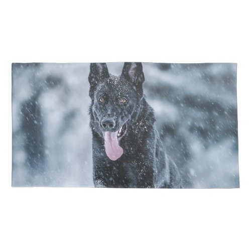 Black German Shepherd in snow Duvet Cover