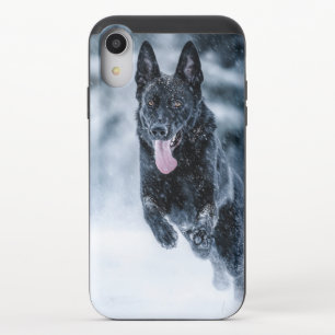 Black German Shepherd in snow Duvet Cover