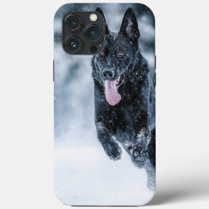 Black German Shepherd in snow Duvet Cover