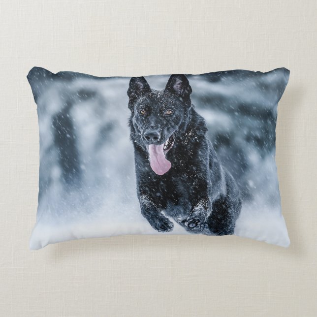 Black German Shepherd in snow Duvet Cover Accent Pillow (Front)