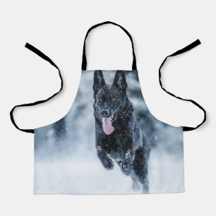 Black German Shepherd in snow Duvet Cover Apron
