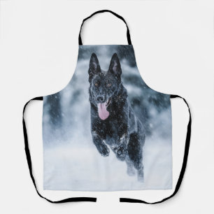 Black German Shepherd in snow Duvet Cover Apron