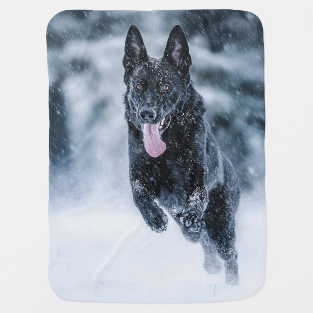 Black German Shepherd in snow Duvet Cover Baby Blanket (Front)