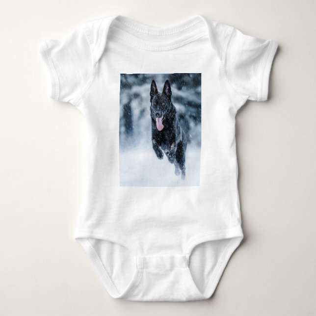 Black German Shepherd in snow Duvet Cover Baby Bodysuit (Front)