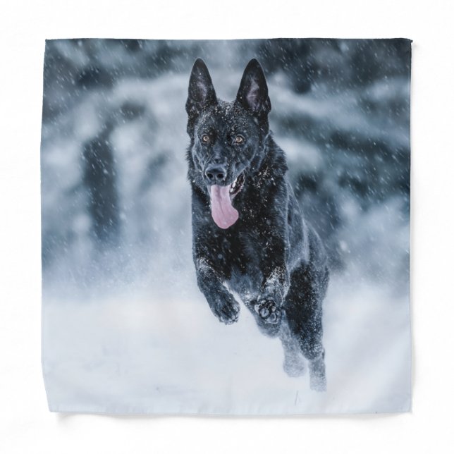 Black German Shepherd in snow Duvet Cover Bandana (Front)