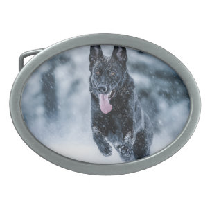 Black German Shepherd in snow Duvet Cover Belt Buckle