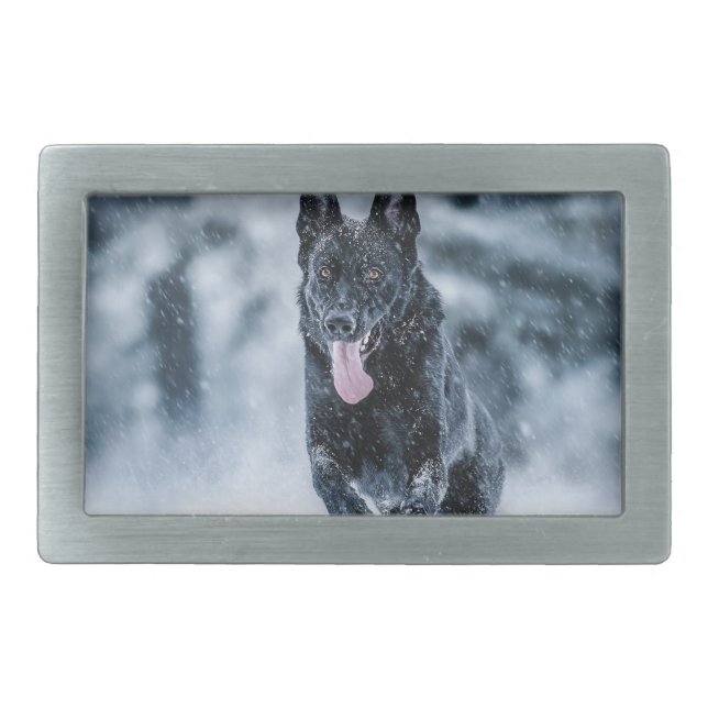 Black German Shepherd in snow Duvet Cover Belt Buckle (Front)