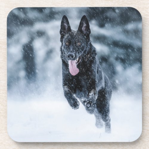 Black German Shepherd in snow Duvet Cover Beverage Coaster