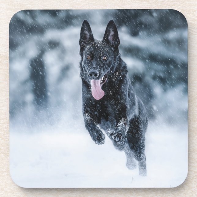 Black German Shepherd in snow Duvet Cover Beverage Coaster (Front)