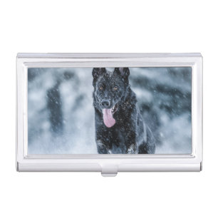 Black German Shepherd in snow Duvet Cover Business Card Case