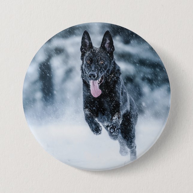 Black German Shepherd in snow Duvet Cover Button (Front)