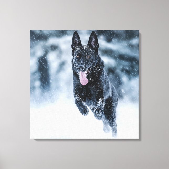 Black German Shepherd in snow Duvet Cover Canvas Print (Front)