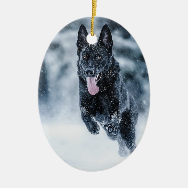 Black German Shepherd in snow Duvet Cover Ceramic Ornament (Front)