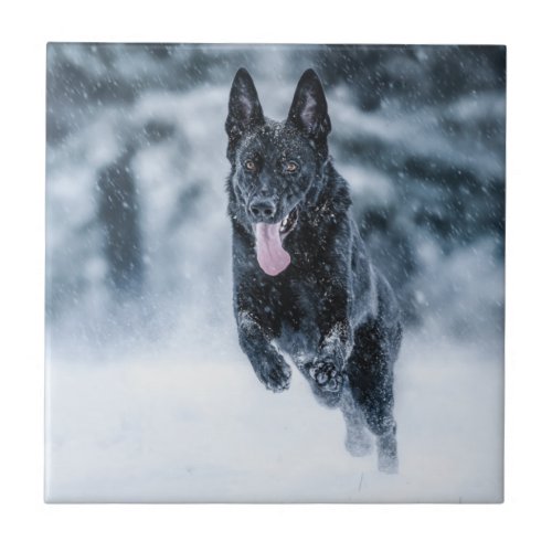 Black German Shepherd in snow Duvet Cover Ceramic Tile