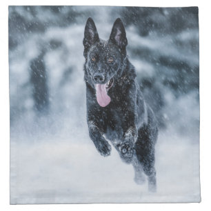 Black German Shepherd in snow Duvet Cover Cloth Napkin
