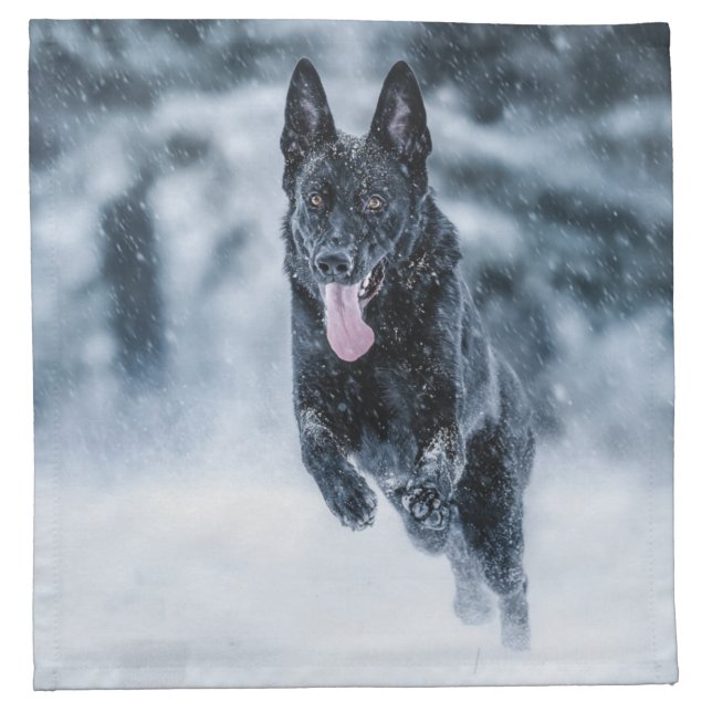 Black German Shepherd in snow Duvet Cover Cloth Napkin (Front)