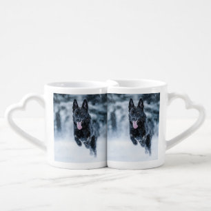 Black German Shepherd in snow Duvet Cover Coffee Mug Set