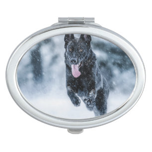 Black German Shepherd in snow Duvet Cover Compact Mirror