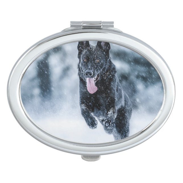 Black German Shepherd in snow Duvet Cover Compact Mirror (Front)