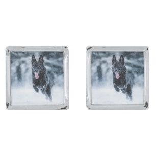Black German Shepherd in snow Duvet Cover Cufflinks