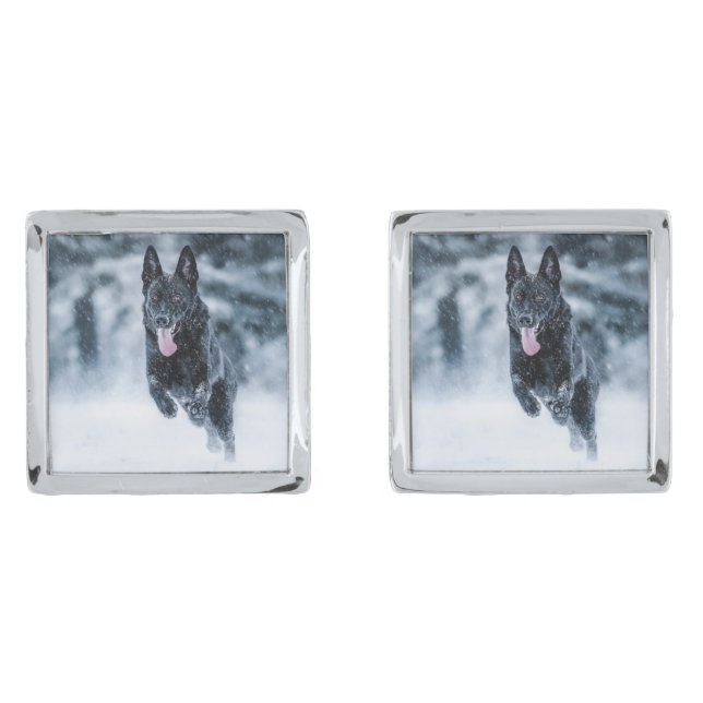 Black German Shepherd in snow Duvet Cover Cufflinks (Front)
