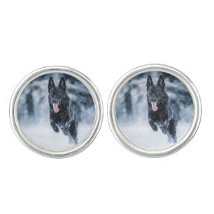 Black German Shepherd in snow Duvet Cover Cufflinks