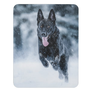 Black German Shepherd in snow Duvet Cover Door Sign