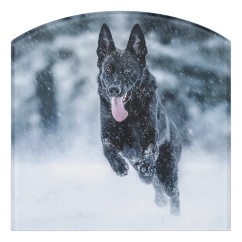Black German Shepherd in snow Duvet Cover Door Sign