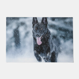 Black German Shepherd in snow Duvet Cover Doormat