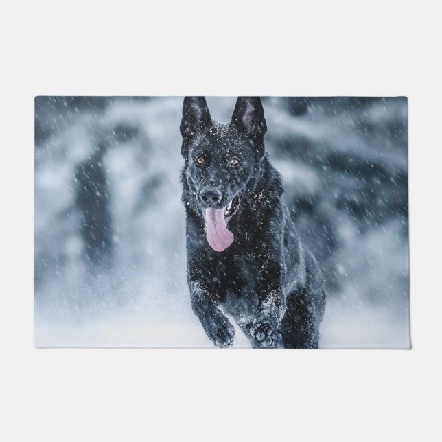 Black German Shepherd in snow Duvet Cover Doormat (Front)