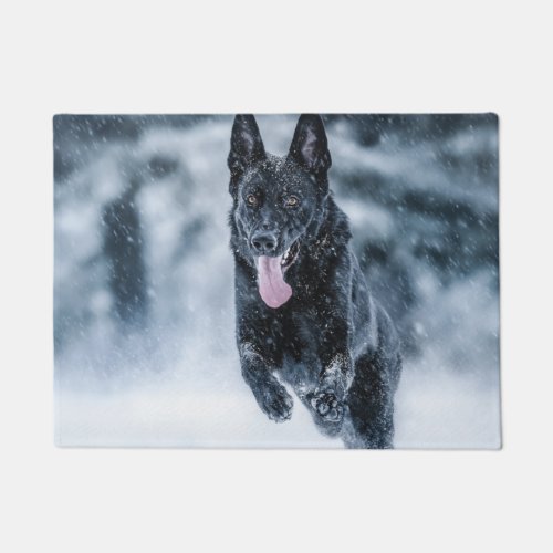 Black German Shepherd in snow Duvet Cover Doormat