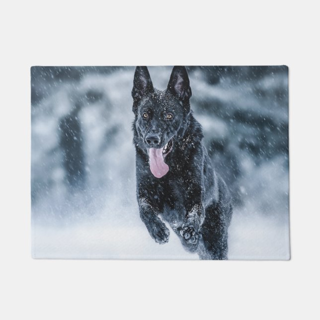 Black German Shepherd in snow Duvet Cover Doormat (Front)