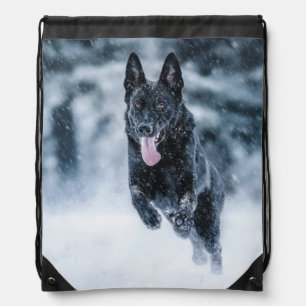 Black German Shepherd in snow Duvet Cover Drawstring Bag