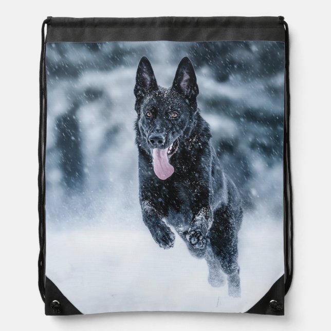 Black German Shepherd in snow Duvet Cover Drawstring Bag (Front)