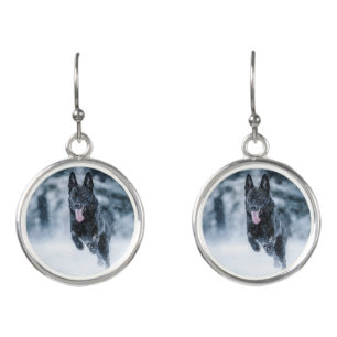 Black German Shepherd in snow Duvet Cover Earrings