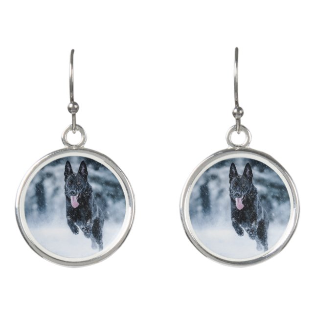 Black German Shepherd in snow Duvet Cover Earrings (Front)
