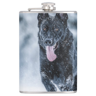 Black German Shepherd in snow Duvet Cover Flask