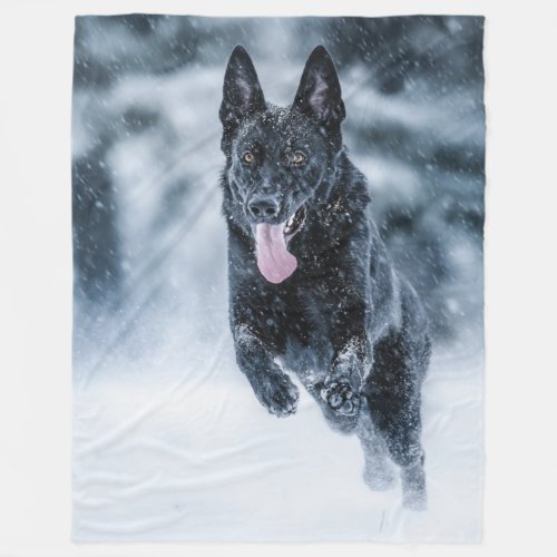 Black German Shepherd in snow Duvet Cover Fleece Blanket